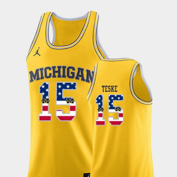 Michigan #15 Men's Jon Teske Jersey Yellow College Basketball USA Flag Alumni